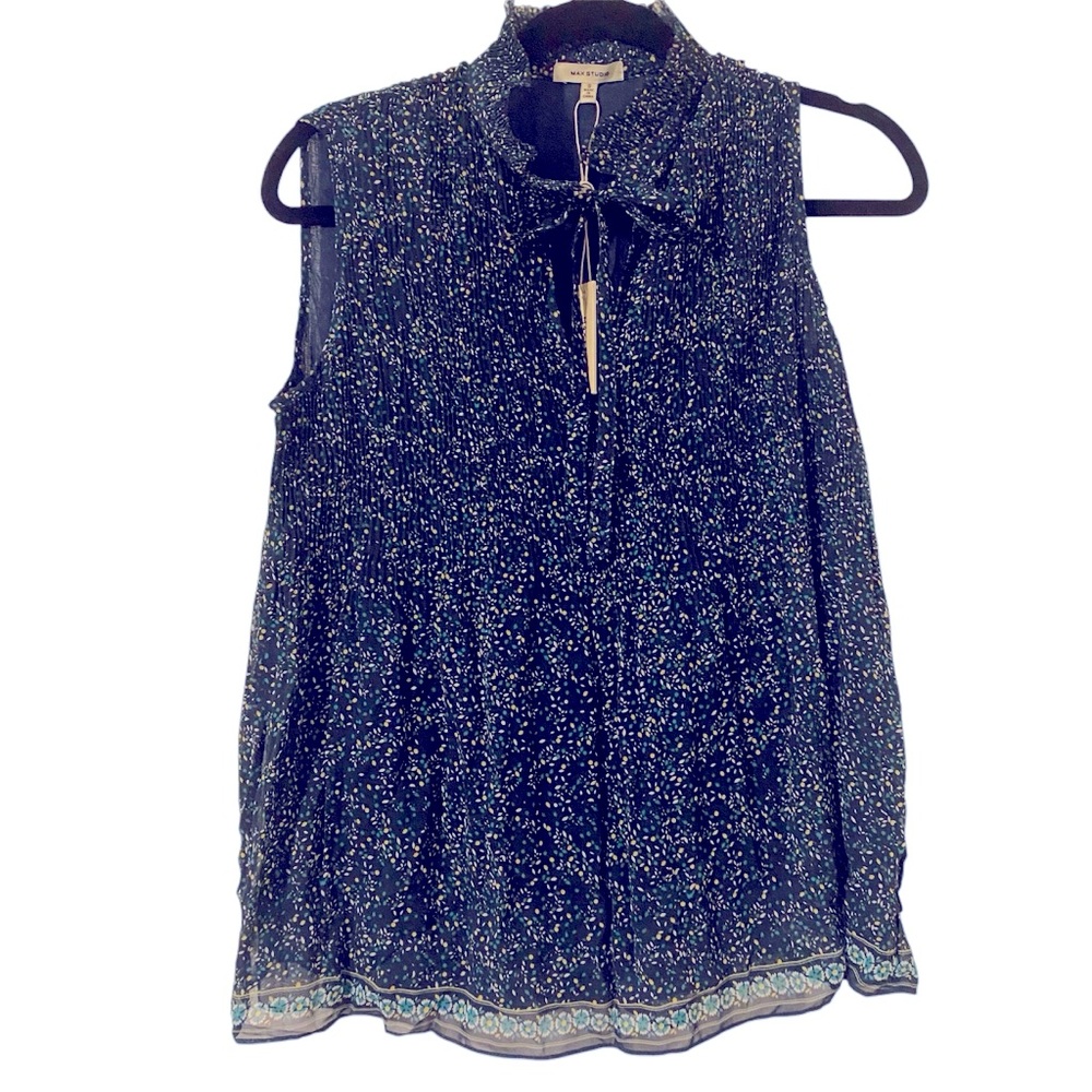 Max Studio Navy Blue Tiny Flower Print Pleated Tank with Neck Tie Entry